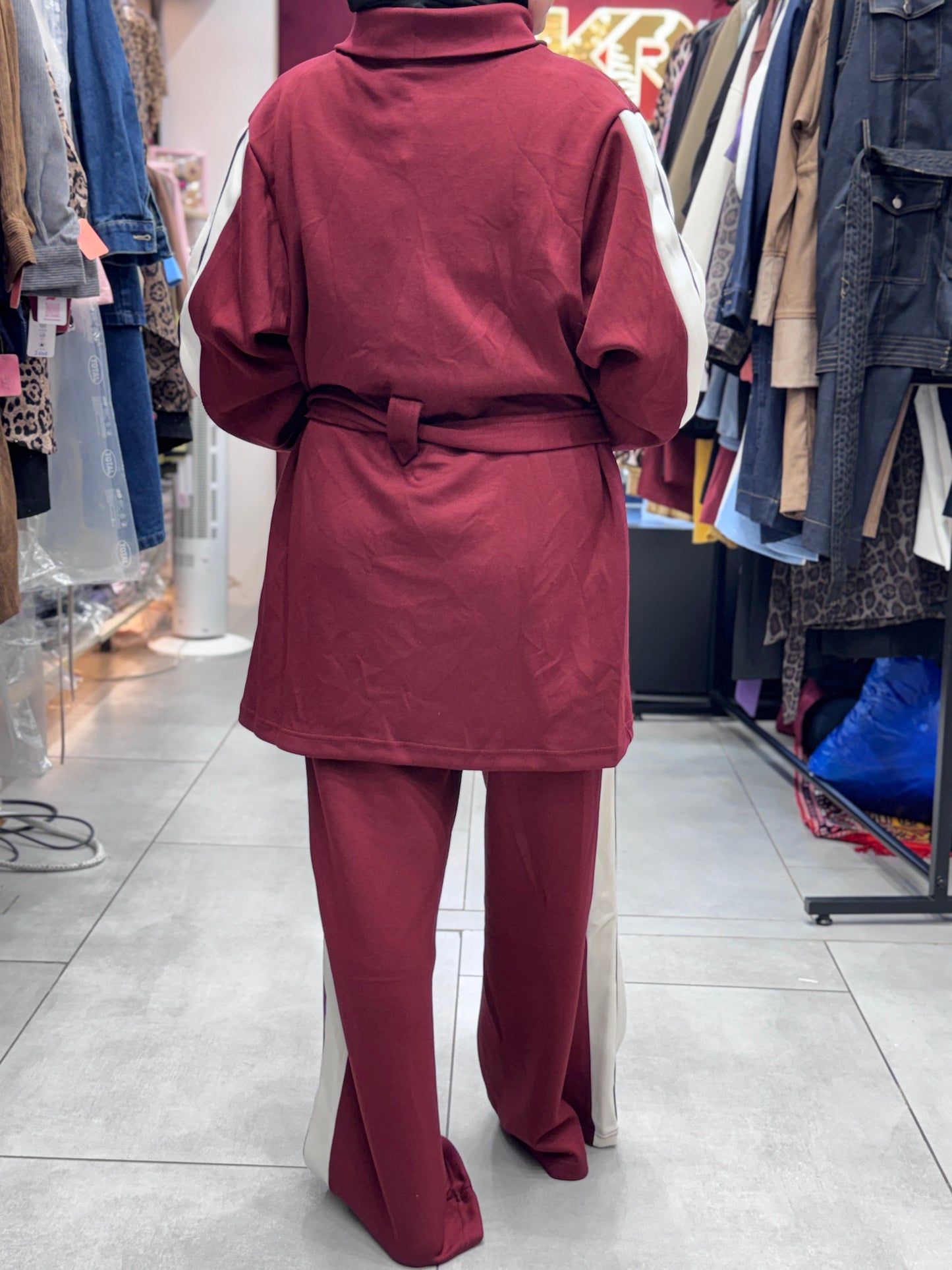 Back View of Women’s modest 2 piece tracksuit set with hijab – sporty zip-up jacket and wide leg pants