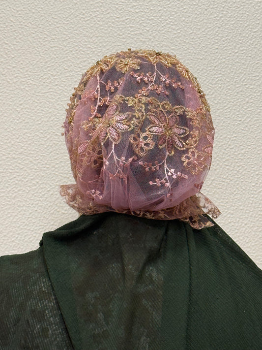 Pink embroidered hijab cap back view with delicate net detailing