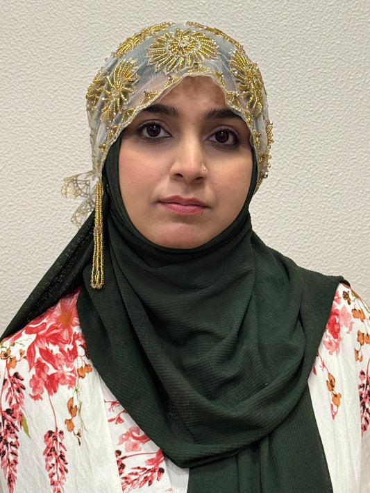 White and gold embellished hijab cap front view close-up
