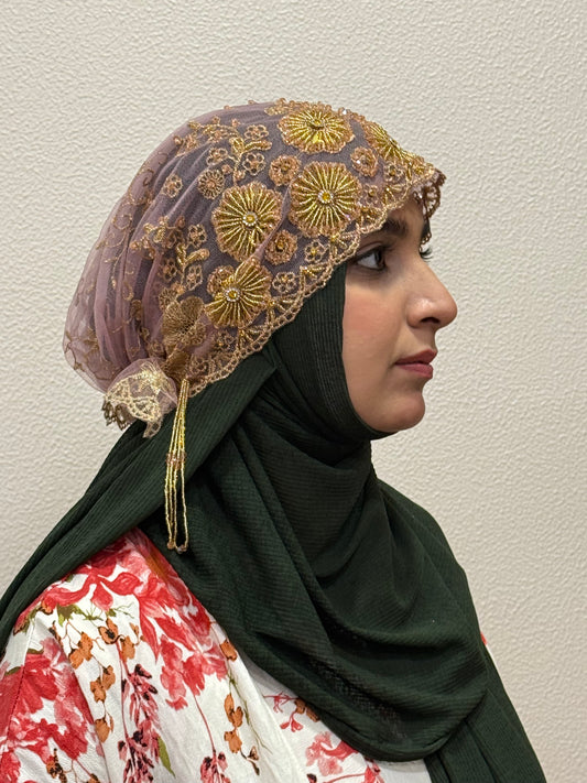 Pink and gold party wear hijab cap side view with floral embroidery
