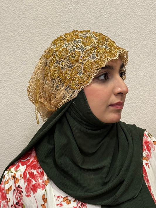 Brown and gold party wear hijab cap side view with floral embroidery