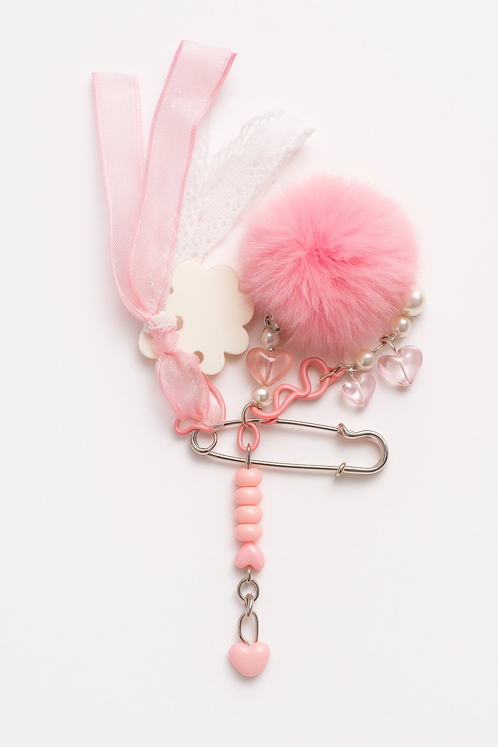 Pink Fluffy Pom-Pom Heart Charm Keychain