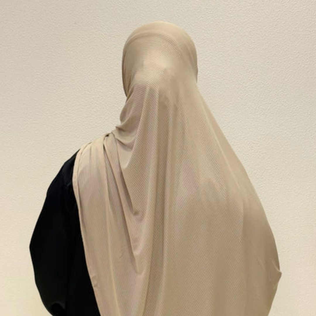 Side view of Beige Bamboo Jersey HijabPremium Soft Stretch Modest ScarfSoft • Breathable • ElegantLightweight Comfort • Everyday StyleEffortless Elegance