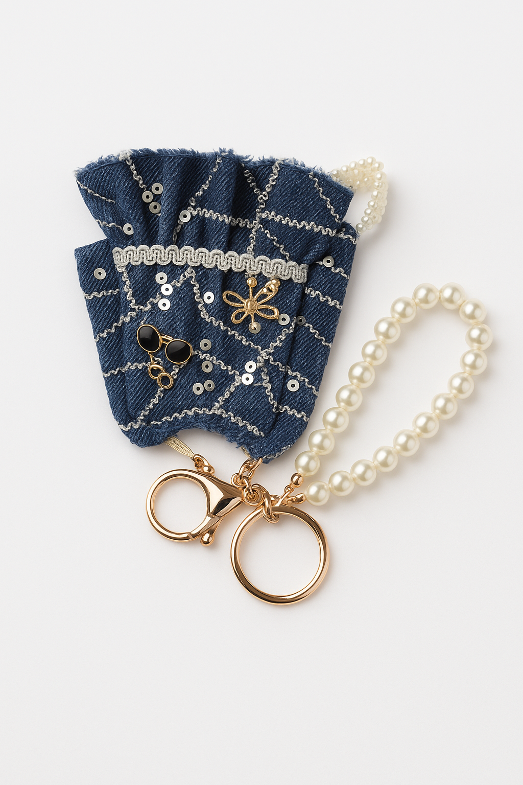 Blue Denim Pearl Charm Keychain