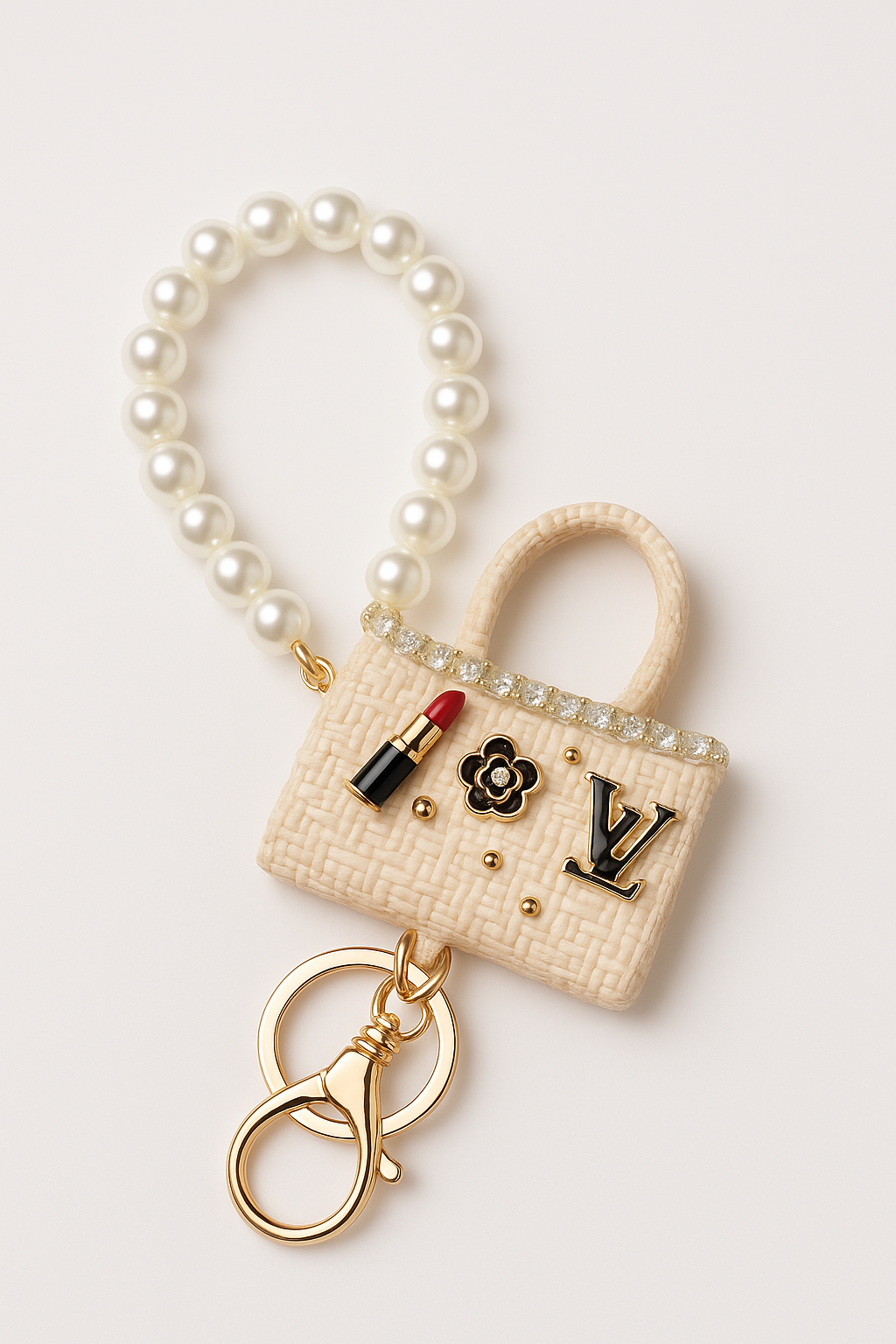 Beige Mini Handbag Pearl Keychain
