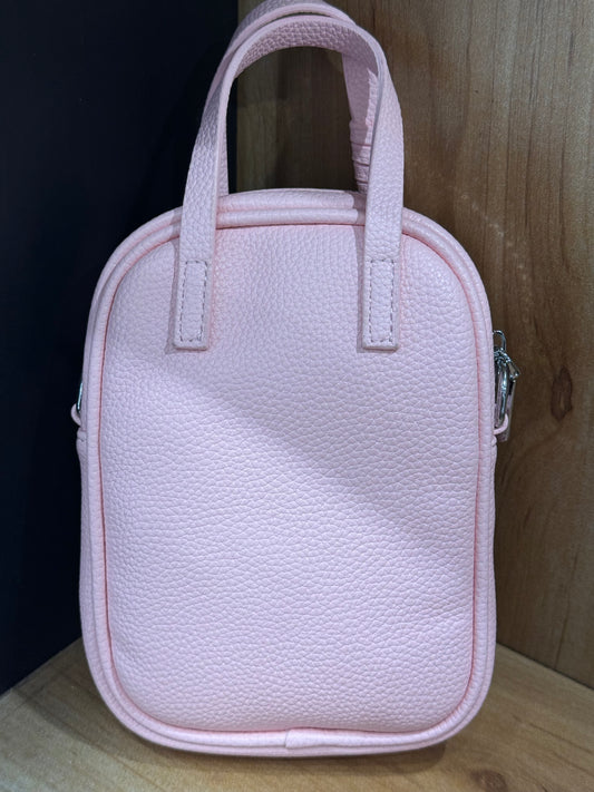 Pink mini handbag with silver and rose crystal gem embellishment and cat face design, front view