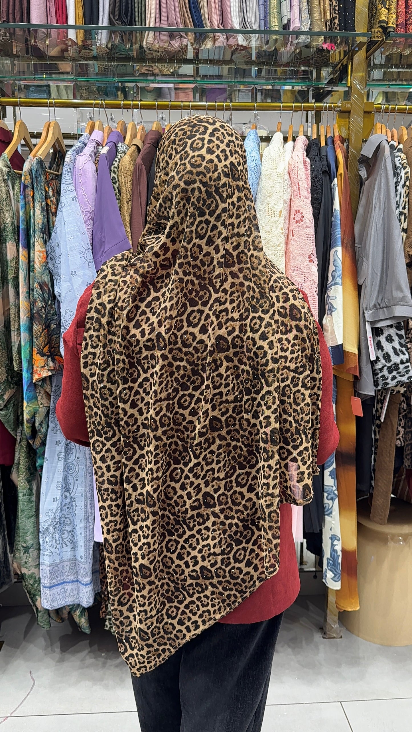 Back view of Printed Jersey Hijab Premium Soft Stretch Modest Scarf Stylish β’ Comfortable β’ Elegant Lightweight Comfort β’ Everyday Fashion Effortless Style