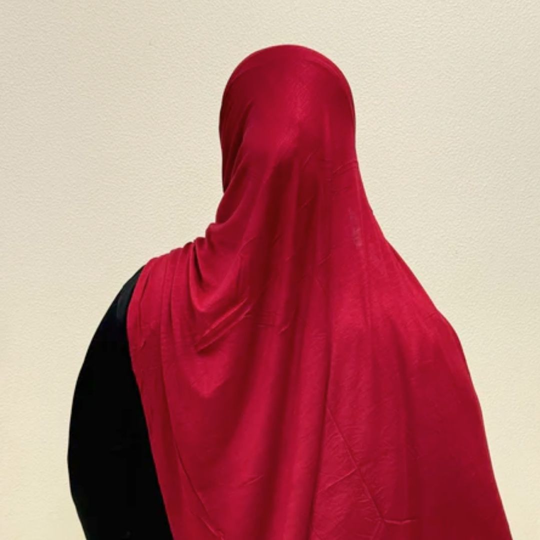 Back view of Red Bamboo Jersey HijabPremium Soft Stretch Modest ScarfSoft β’ Breathable β’ ElegantLightweight Comfort β’ Everyday StyleEffortless Elegance