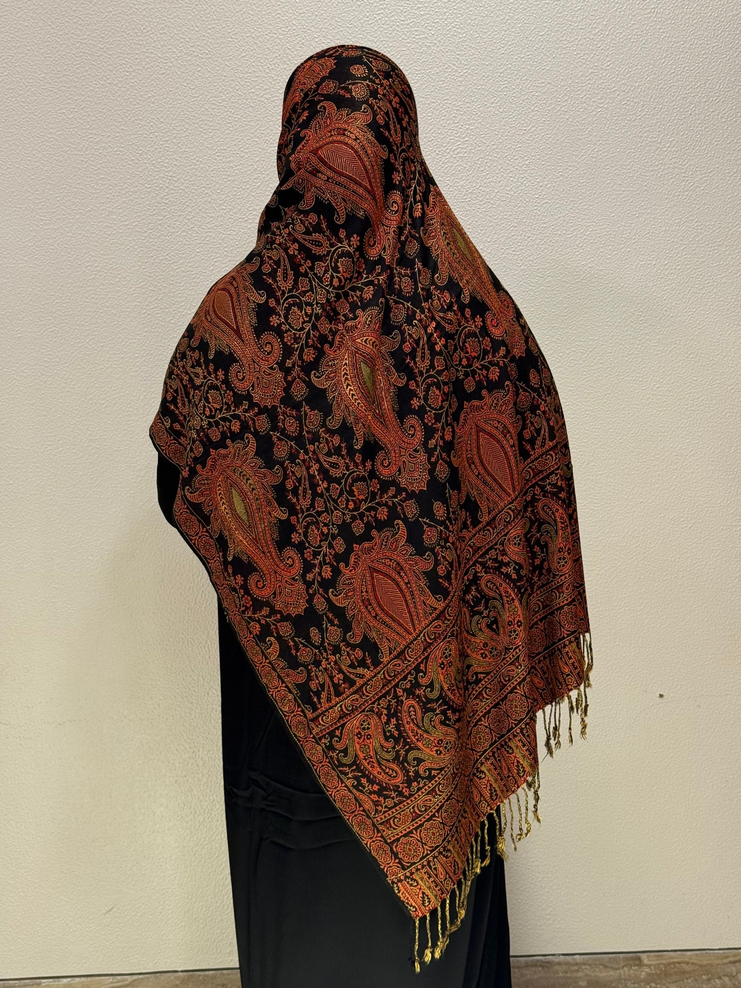 Back view of Soft Black Premium Pashmina Shawl Soft β’ Elegant β’ Timeless Luxury Wrap for Women Effortless Sophistication