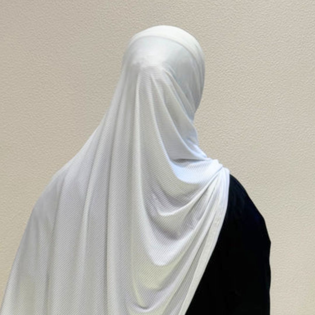 Back view of White Ribbed Jersey Hijab Premium Soft Stretch Textured Modest Scarf Soft β’ Breathable β’ Elegant Lightweight Comfort β’ Everyday Style Effortless Elegance