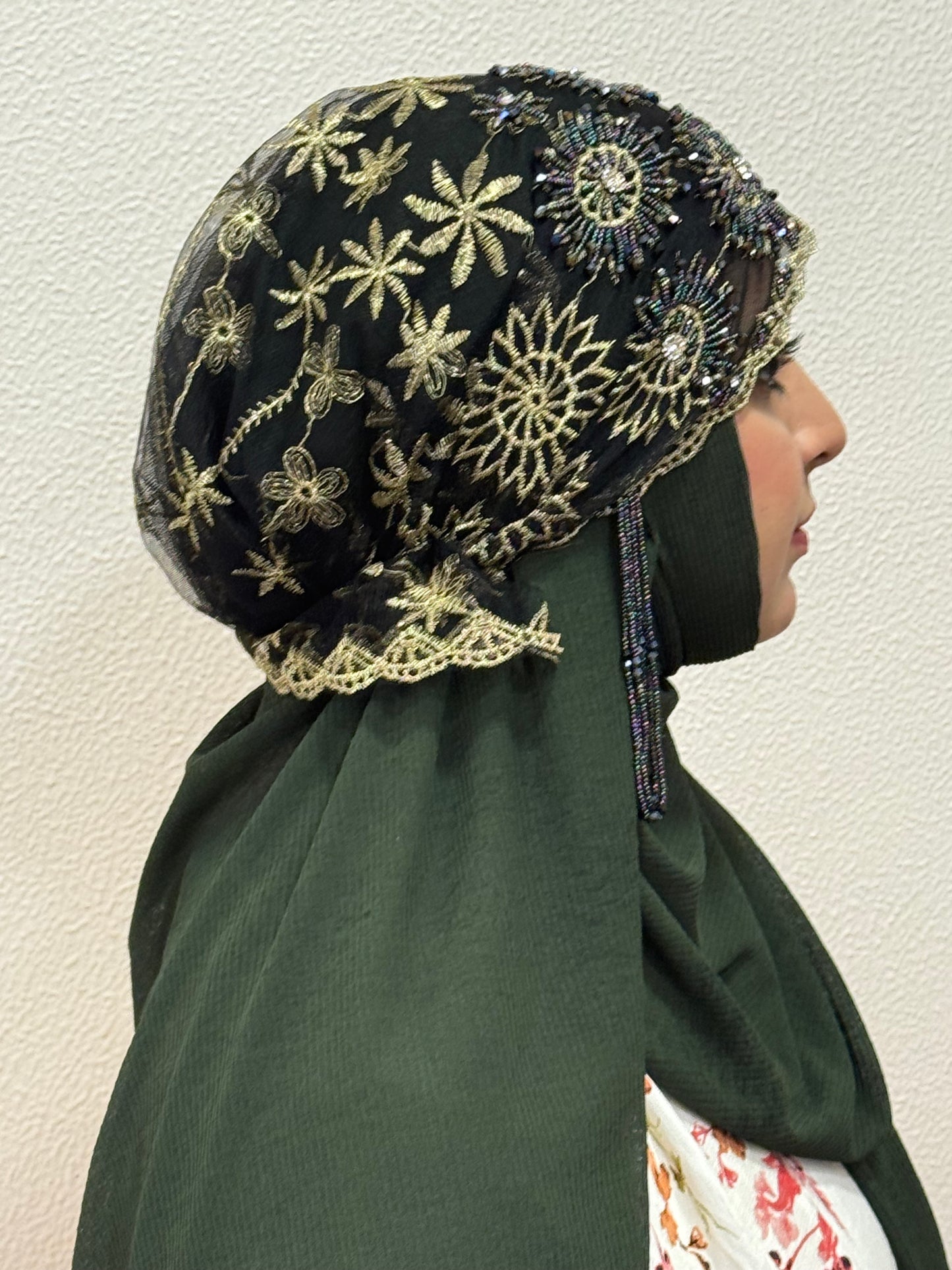 Black and gold party wear hijab cap side/back view with floral net detailing