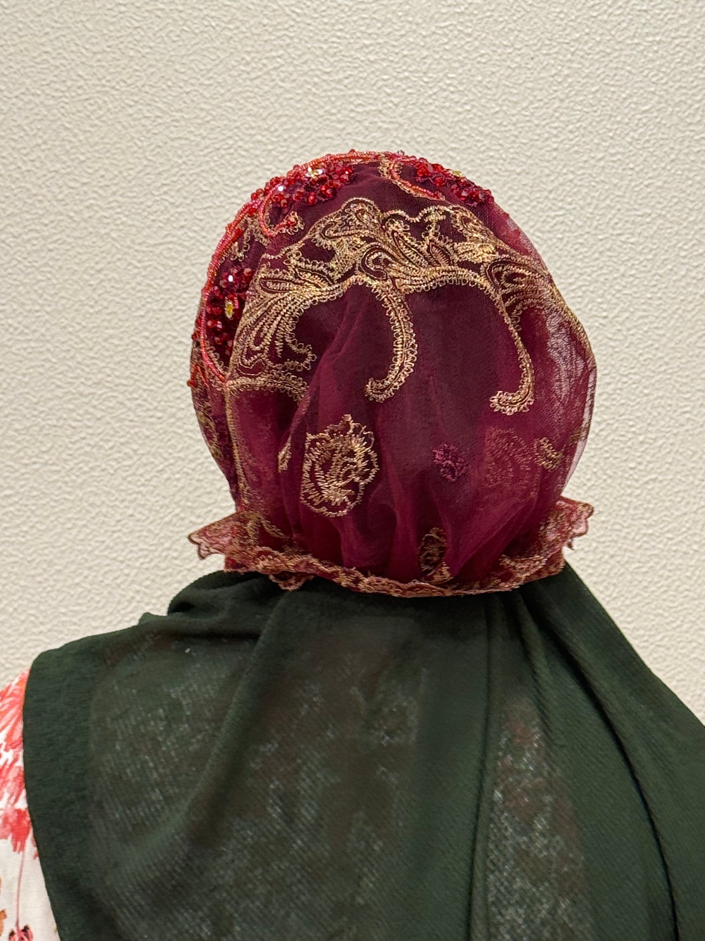 Red party wear hijab cap back view with floral lace detailing