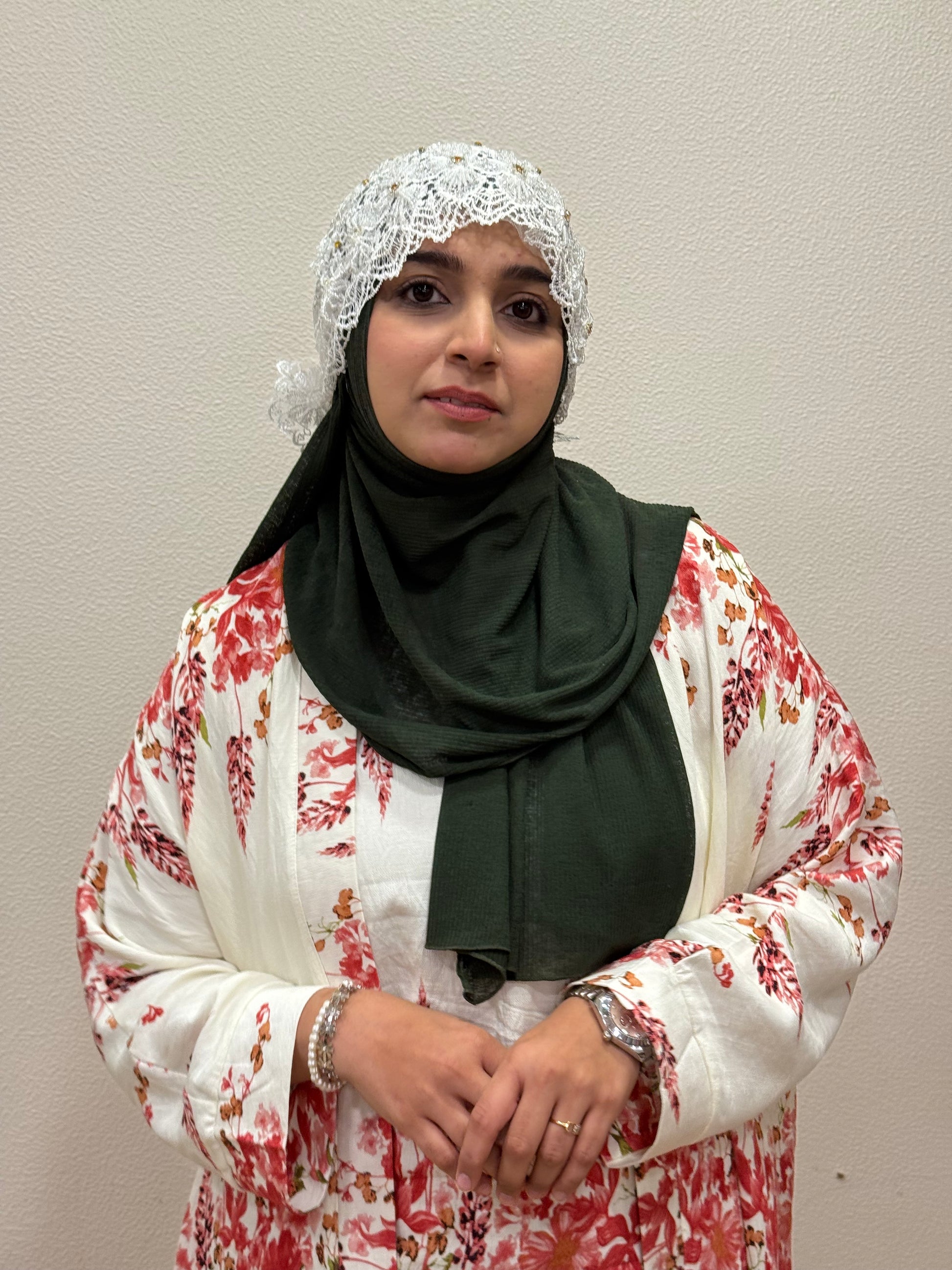 White party wear hijab cap full outfit front view