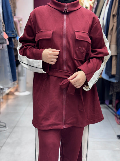 Front View Of Women’s modest 2 piece tracksuit set with hijab – sporty zip-up jacket and wide leg pants