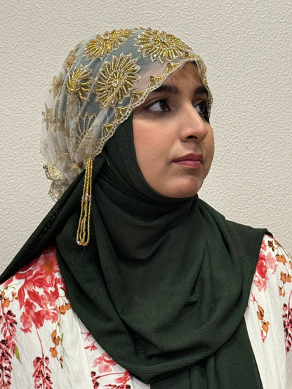 White and gold party wear hijab cap side profile with floral bead embroidery