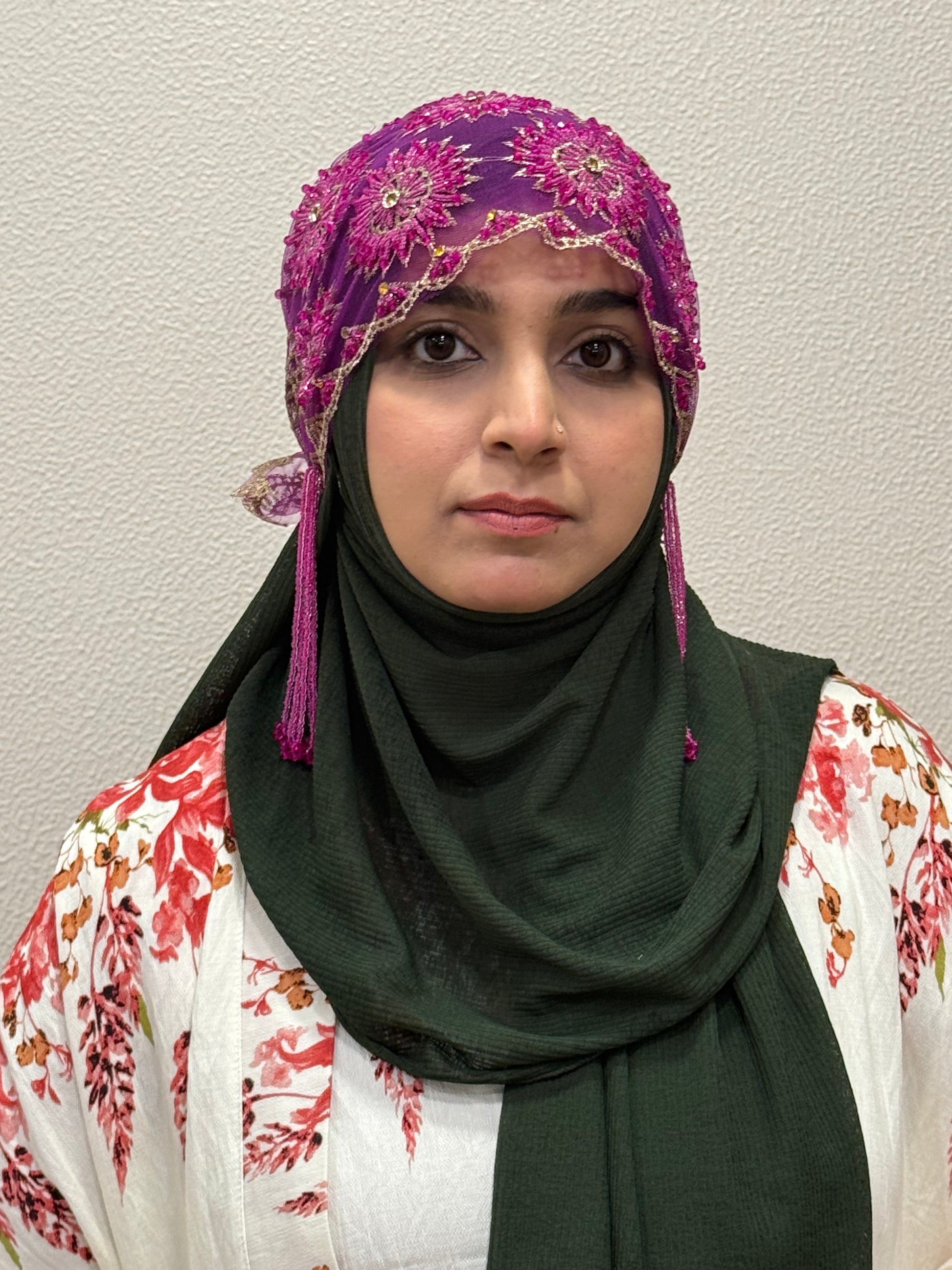 Purple embroidered hijab cap front view with beadwork