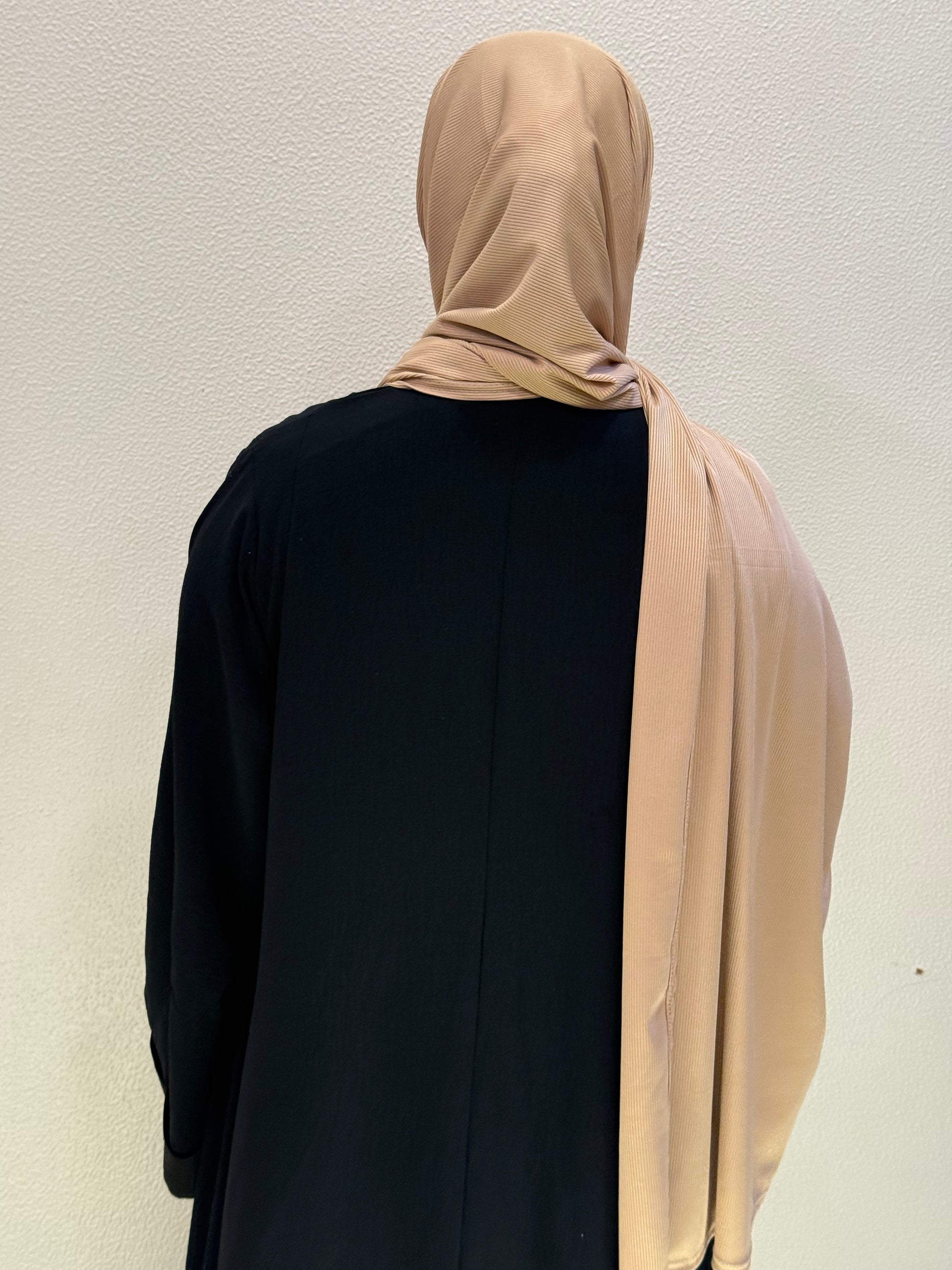Premium beige jersey hijab product images showcasing back styling, back drape, and soft ribbed fabric texture for elegant modest everyday wear.
