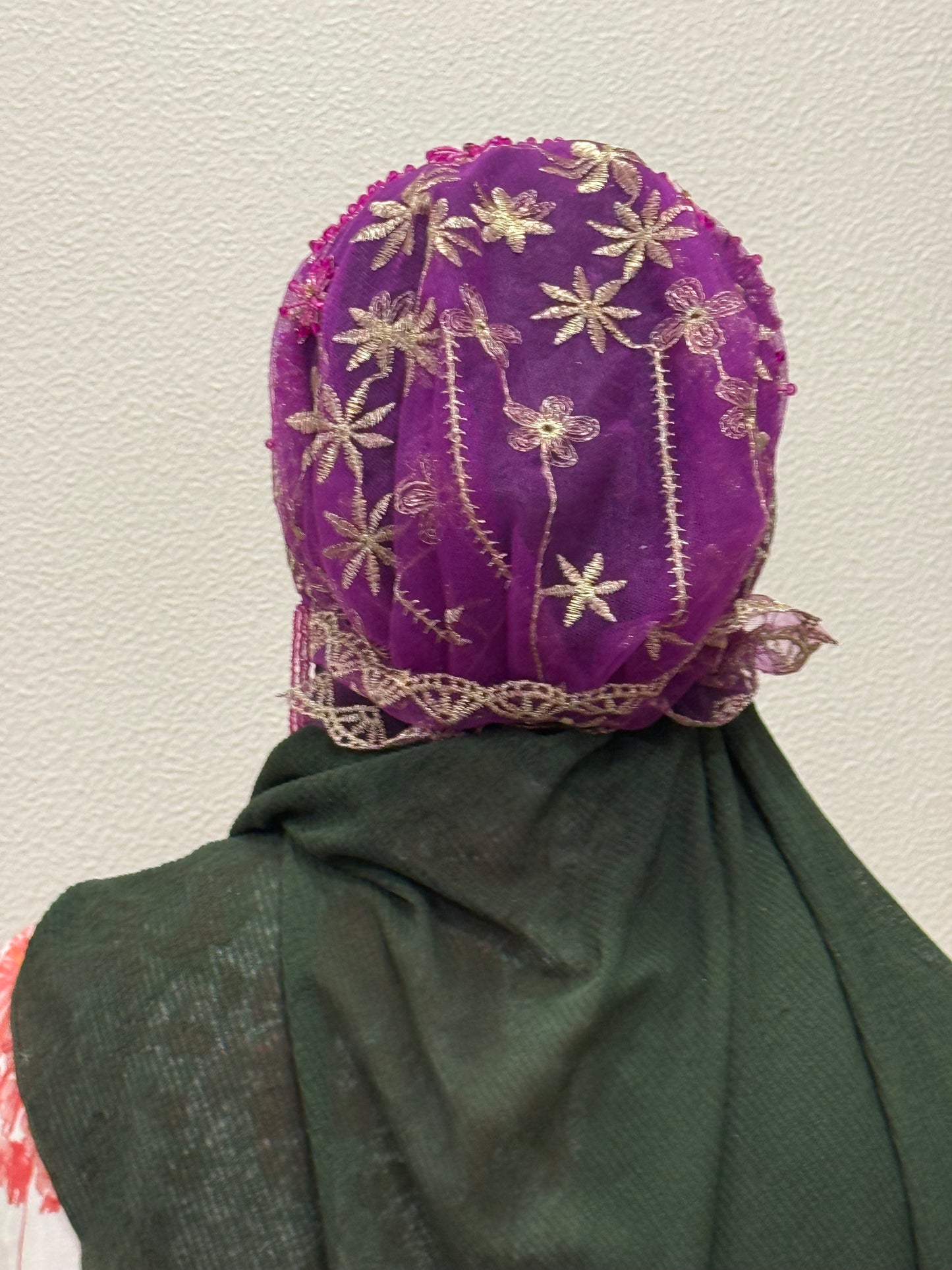Purple party wear hijab cap back view with lace detailing