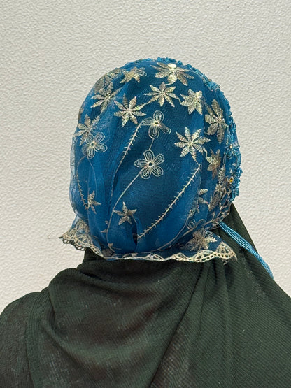 Blue party wear hijab cap back view with floral embroidery