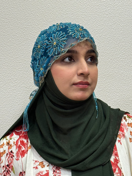 Blue party wear hijab cap close-up front view with floral beadwork