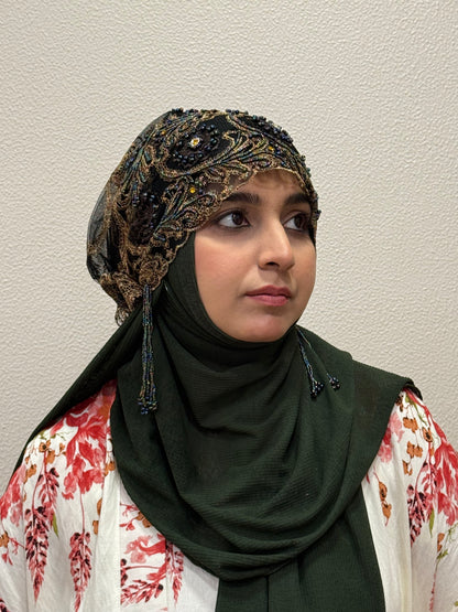 Black party wear hijab cap side profile with gold embroidery and bead embellishments