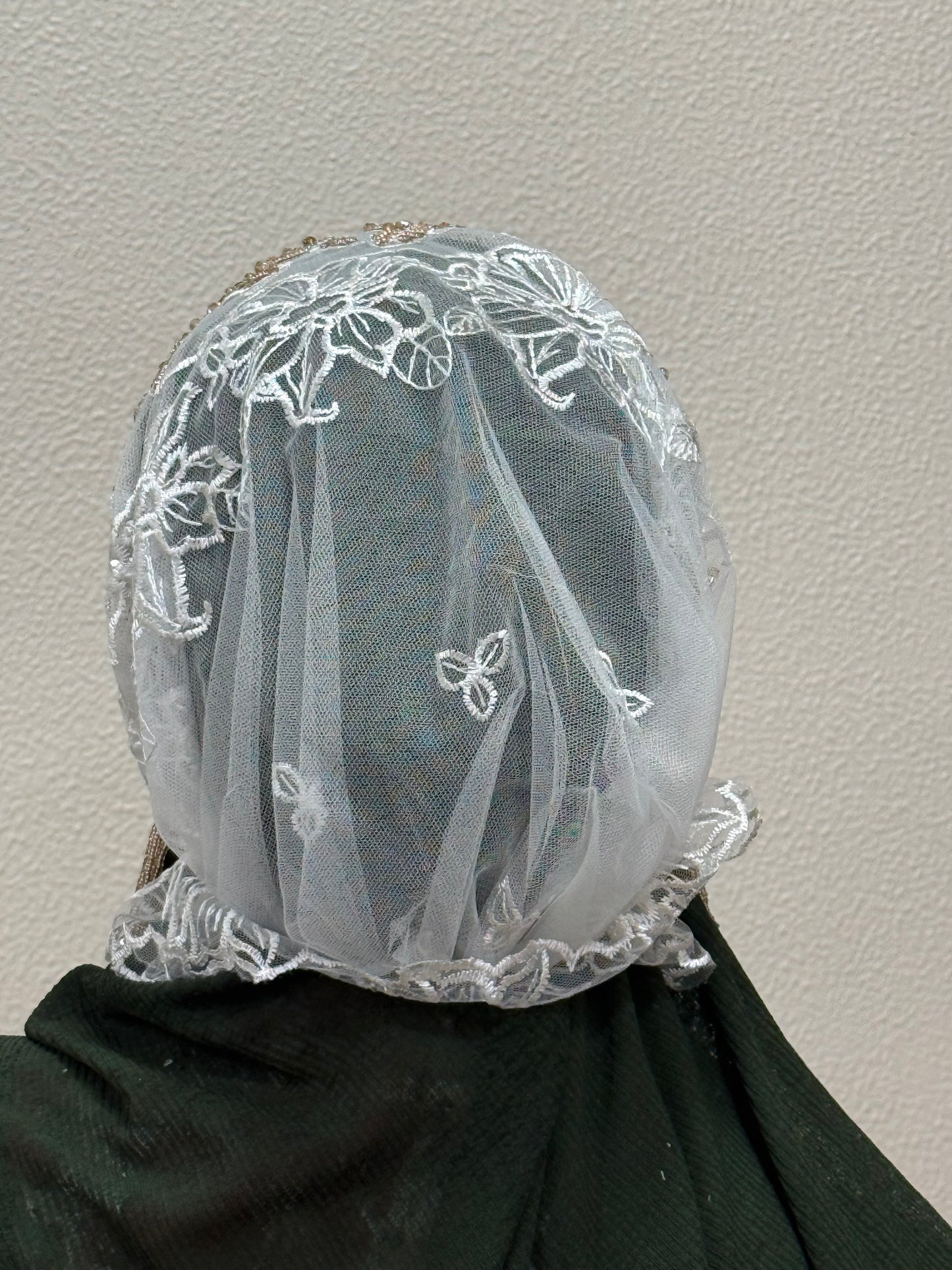 White and gold embroidered hijab cap back view with lace detailing