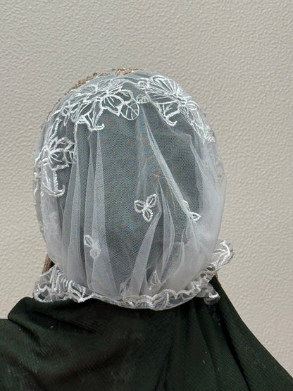 White and gold embroidered hijab cap back view with lace detailing