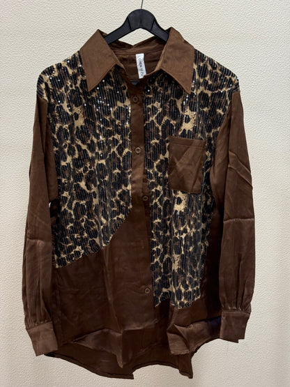 Brown satin shirt with sequin leopard print panel and chest pocket on hanger