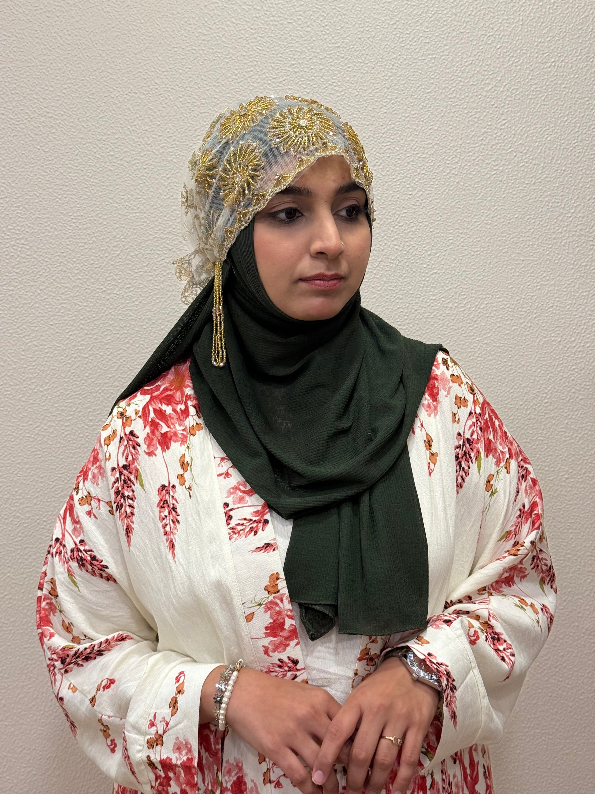 Elegant white party wear hijab cap full outfit styling view