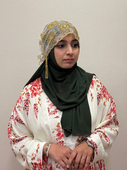 Elegant white party wear hijab cap full outfit styling view