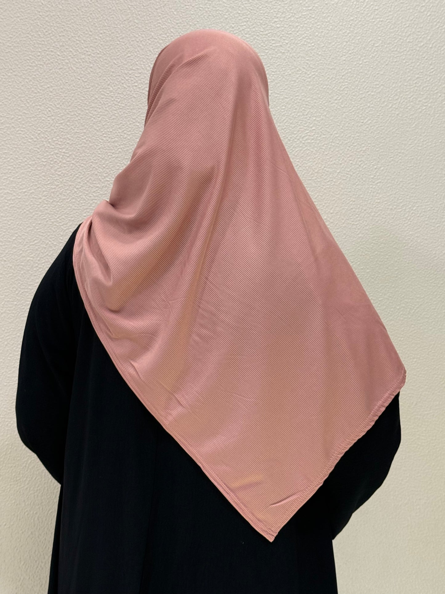 Premium pink jersey hijab product images featuring back views with soft ribbed texture, elegant drape, and full modest coverage.