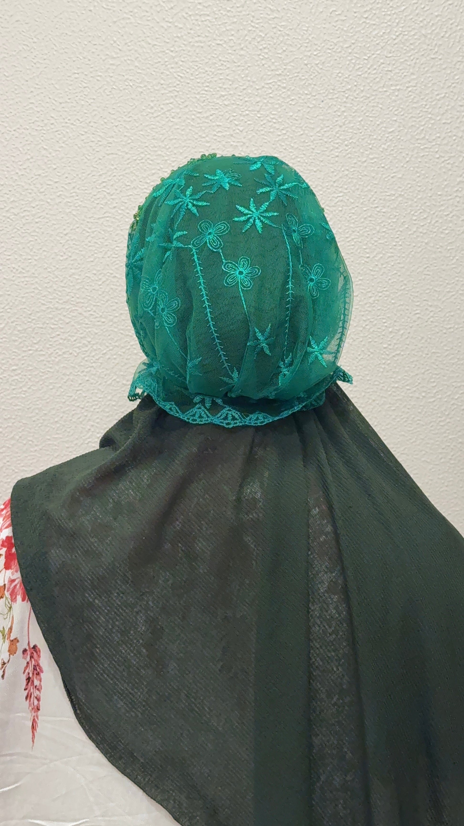 Green party wear hijab cap back view with floral embroidery