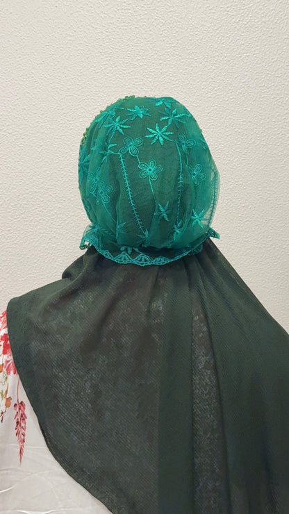 Green party wear hijab cap back view with floral embroidery