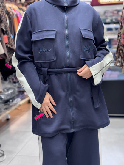 Front View of Women’s modest 2 piece tracksuit set with hijab – sporty zip-up jacket and wide leg pants