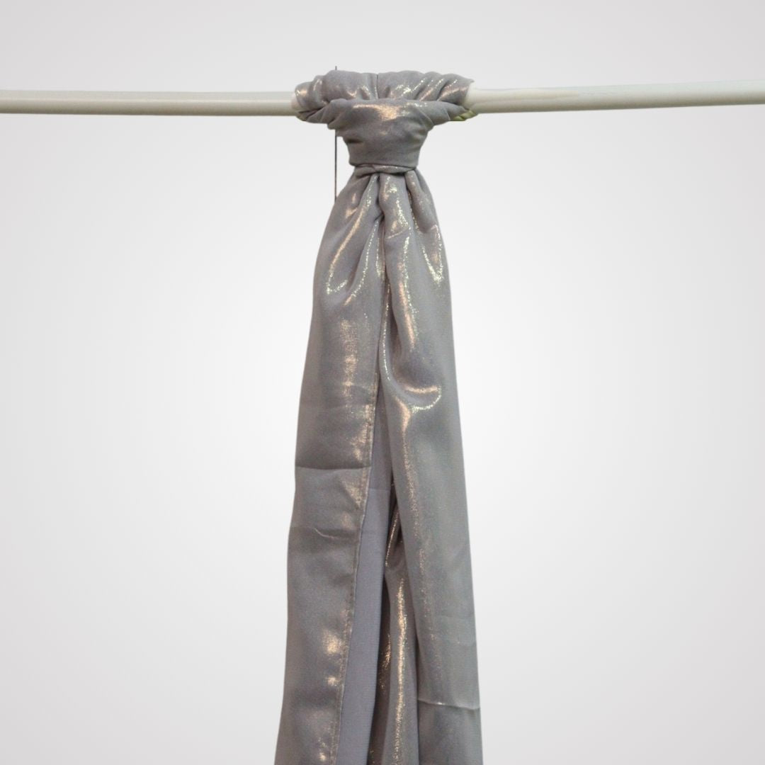 Silver grey shimmer satin hijab on display hanger