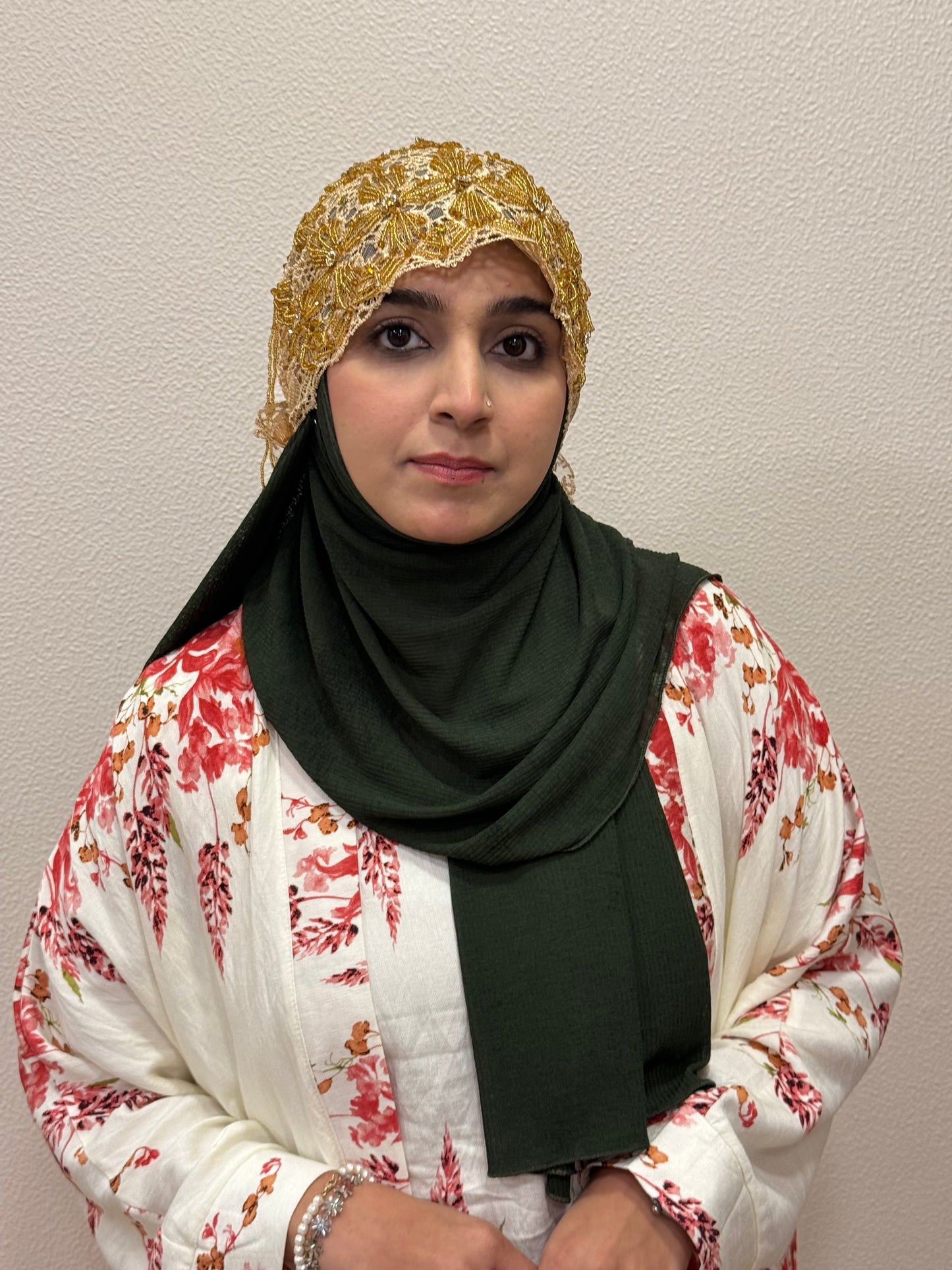 Brown and gold party wear hijab cap full outfit front view