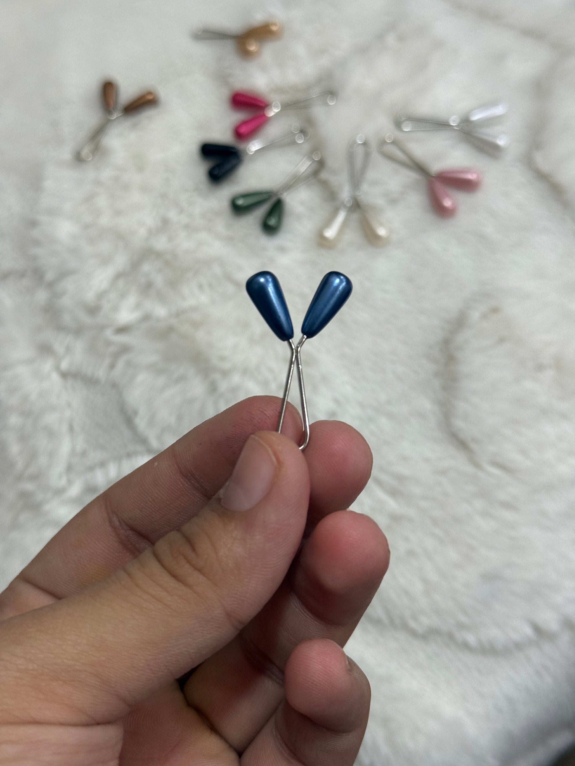 Pearl drop scarf pins set in red, gold, bronze, blue, black, green, white, silver and pink