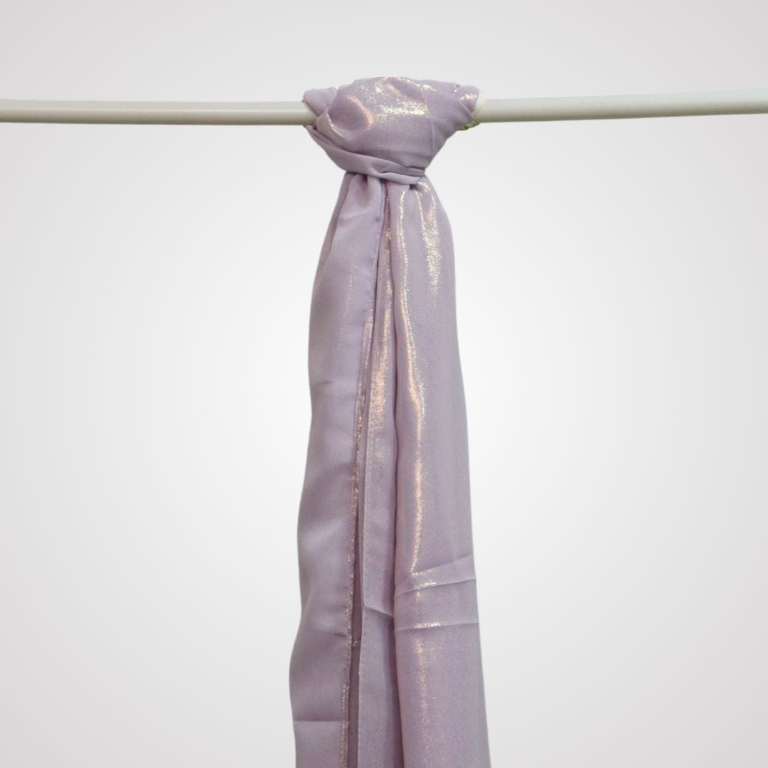 Silver shimmer satin hijab on display hanger