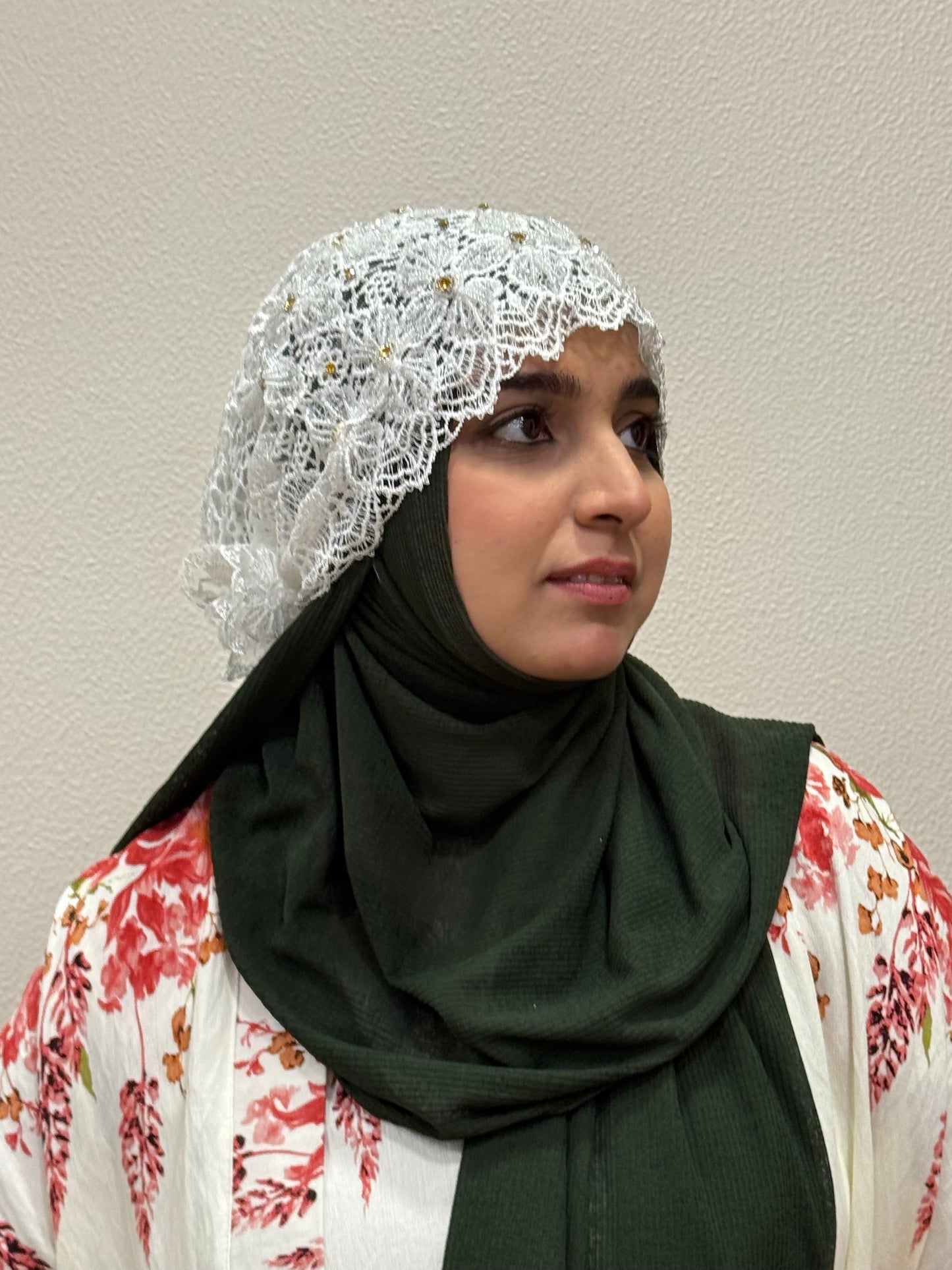 White party wear hijab cap side view with lace embroidery
