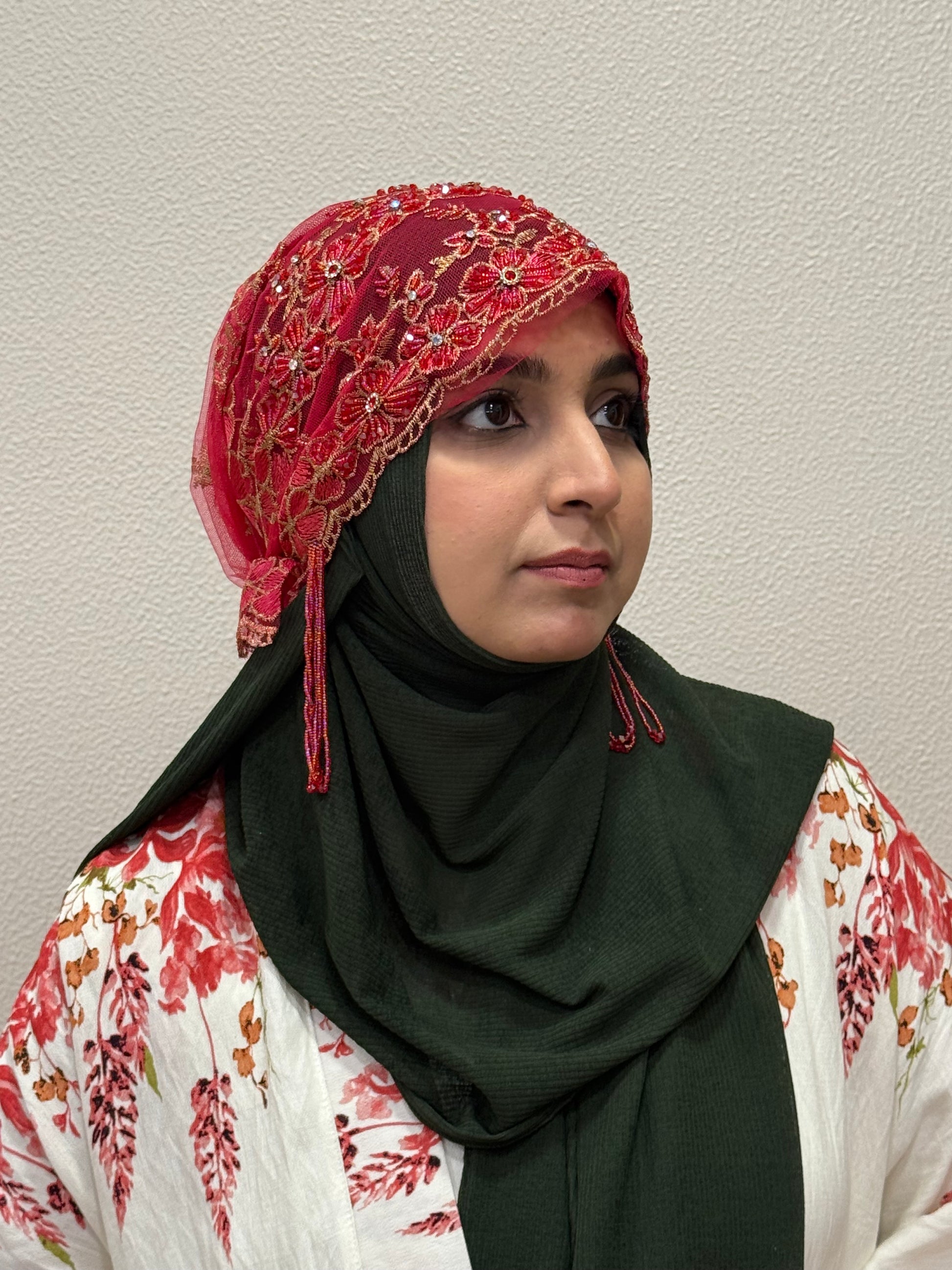 Red party wear hijab cap side view with floral embroidery
