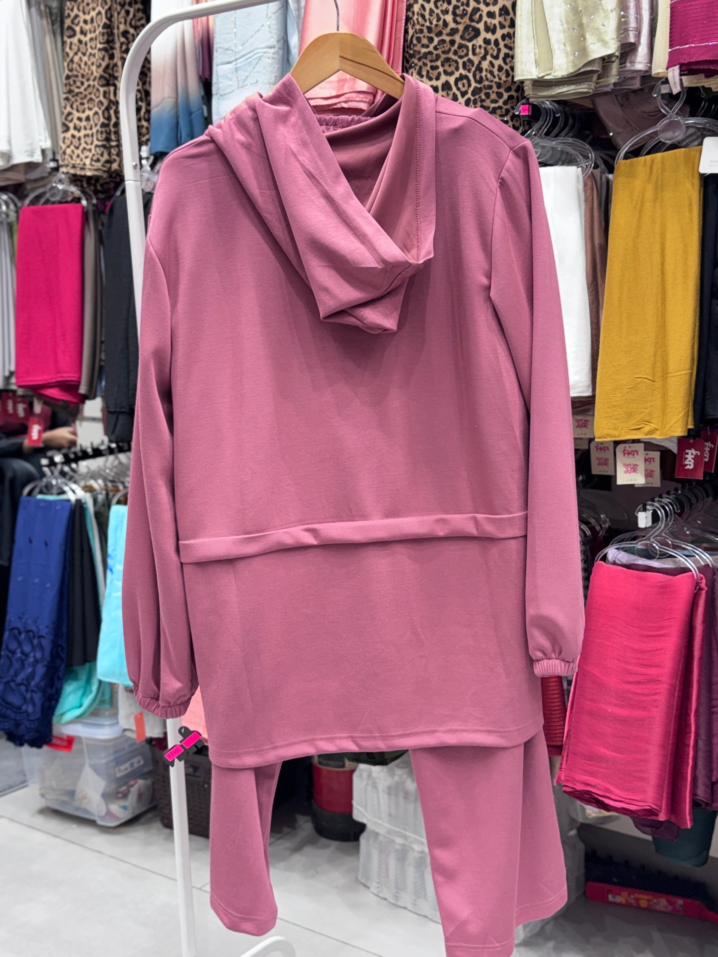 Back View Of Pink Turkish 3 Piece Cord Set Elegant Modest Co-Ord Outfit with Hijab Soft Fabric • Comfortable Fit • Complete 3PC Set Effortless Elegance Top • Bottom • Hijab