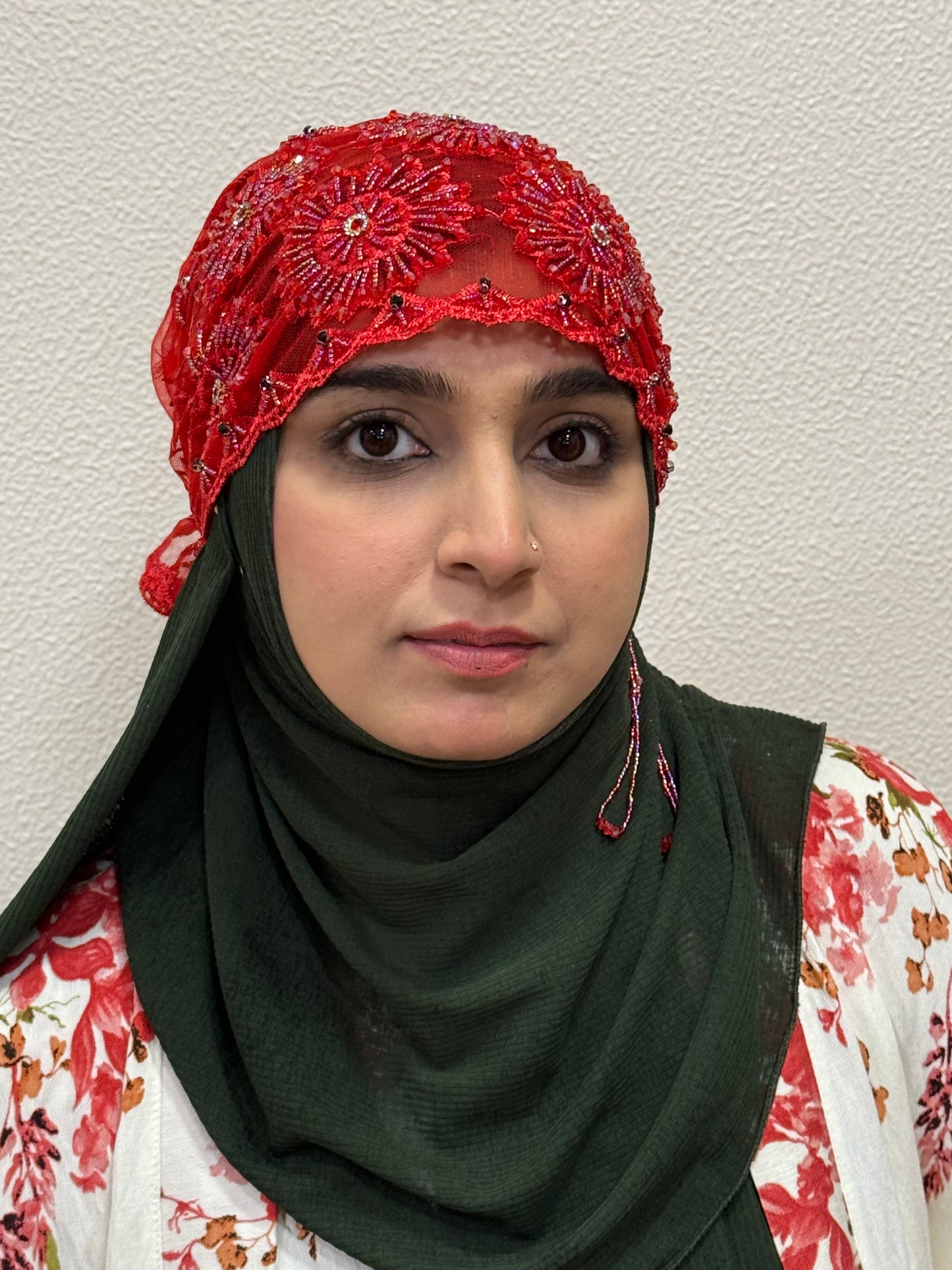 Red party wear hijab cap front view with beaded floral design