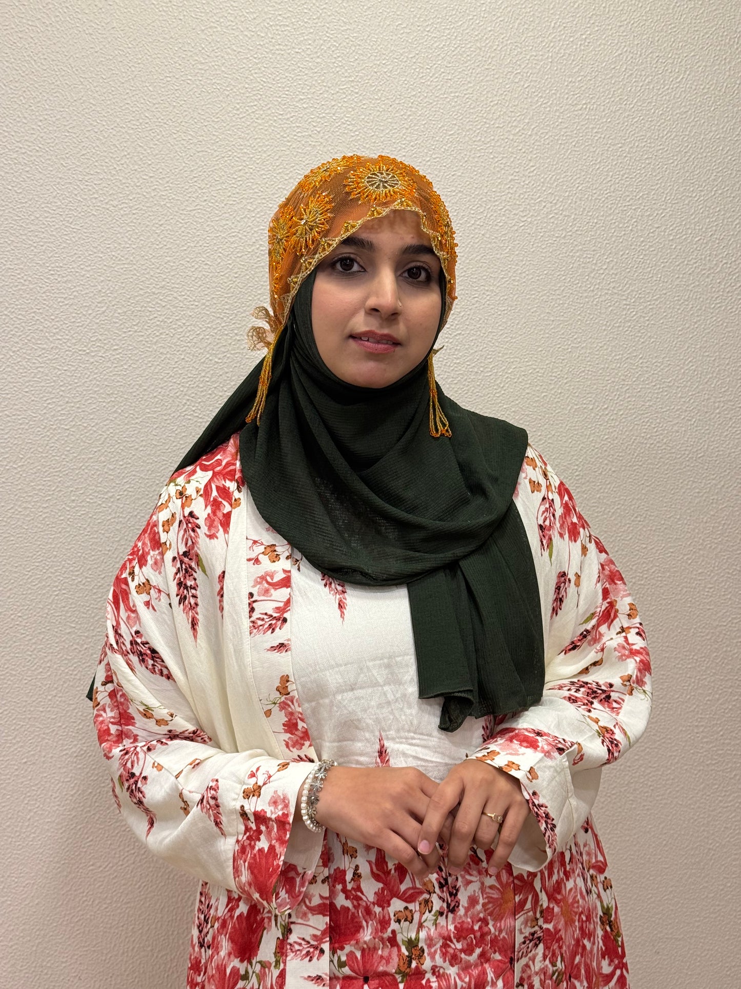 Orange party wear hijab cap full outfit front view