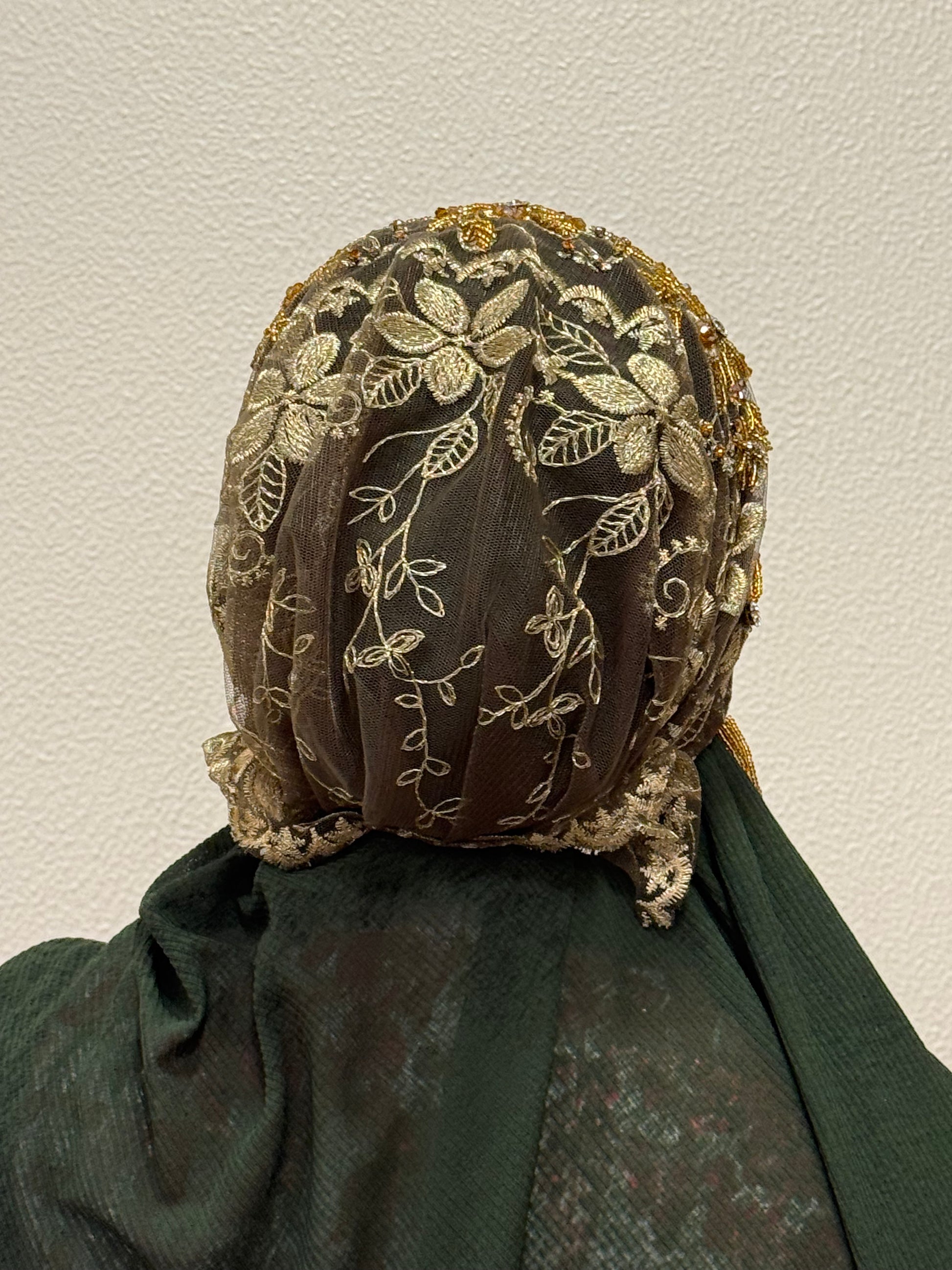 Gold embroidered hijab cap back view with lace detailing