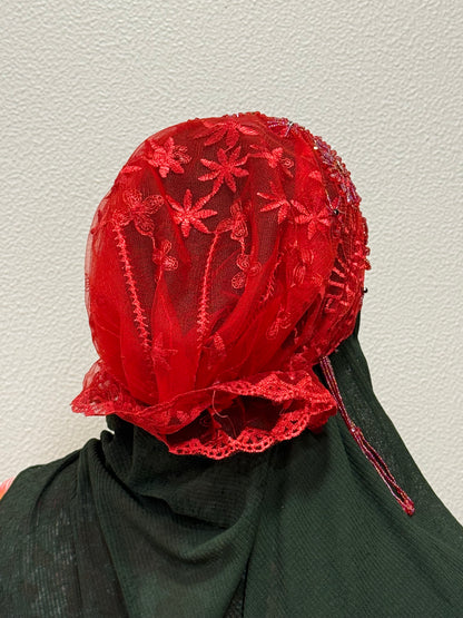 Red embroidered hijab cap back view with lace detailing