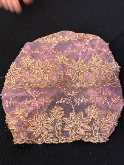 Pink and gold embellished hijab cap flat lay design