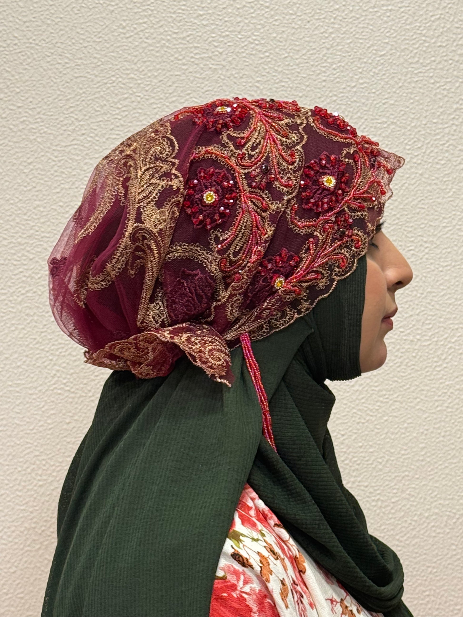 Red party wear hijab cap side view with floral lace detailing