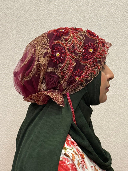 Red party wear hijab cap side view with floral lace detailing