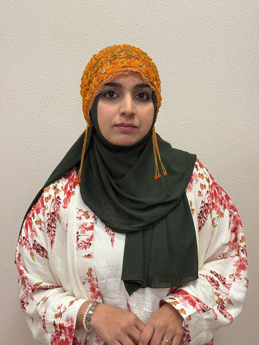 Orange party wear hijab cap full outfit front view