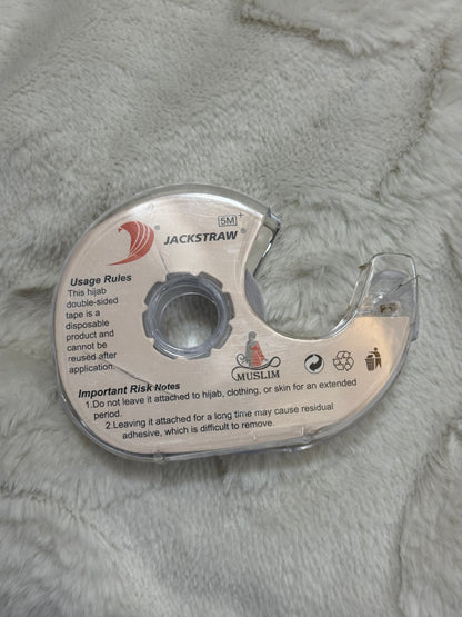 Back view of Jackstraw premium hijab double-sided tape roll in dispenser, 5 meters